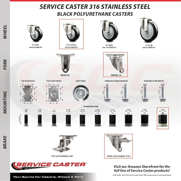 Service Caster 3.5 Inch 316SS Black Poly Swivel 1-7/8 Inch Expanding Stem Caster Lock Brake SCC SCC-SS316TTLEX20S3514-PPUB-BLK-178 - main